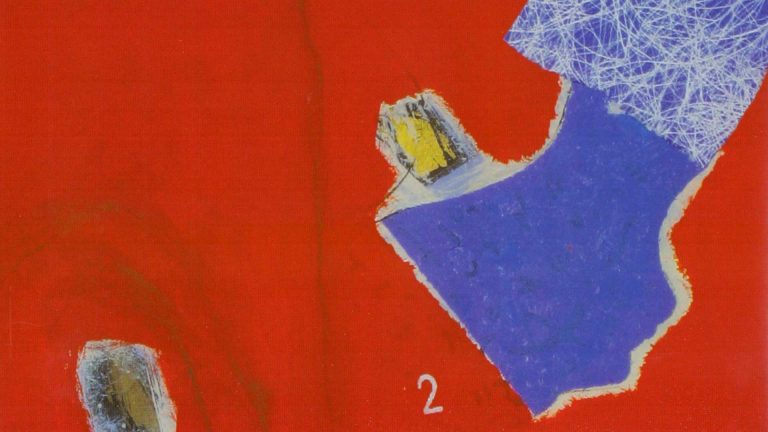 Immagine astratta con forme blu e gialle su sfondo rosso.
